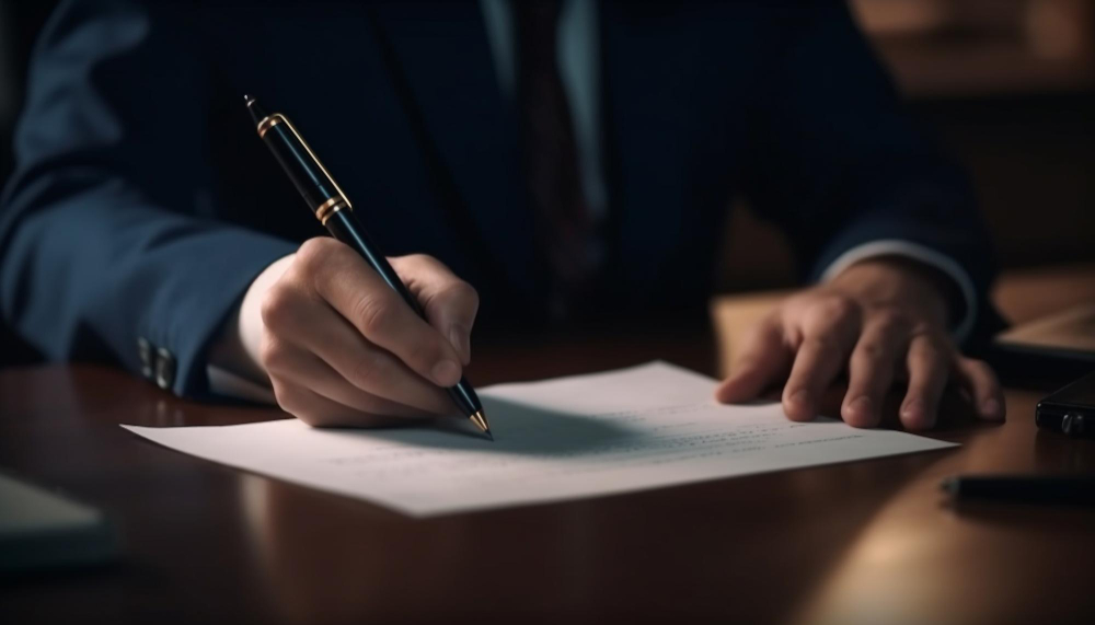 איש עסקים חותם עם עט על שולחן משרדי ודף